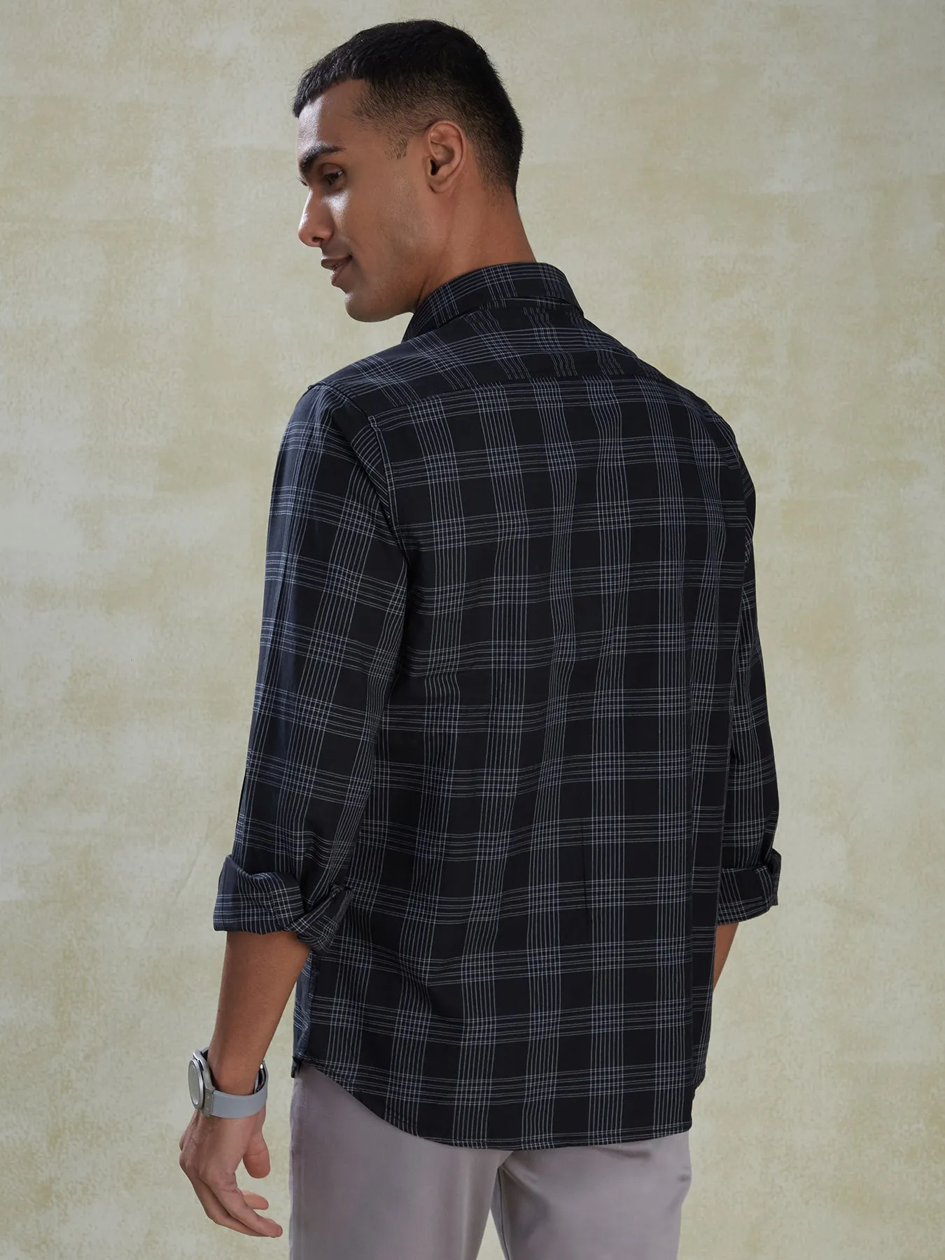 100% Cotton Black Checkered Slim Fit Full Sleeve Casual Shirt