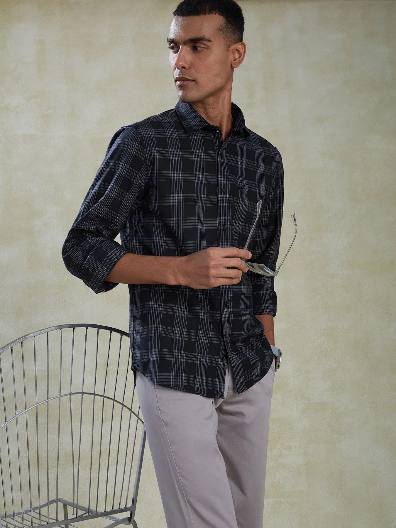 100% Cotton Black Checkered Slim Fit Full Sleeve Casual Shirt