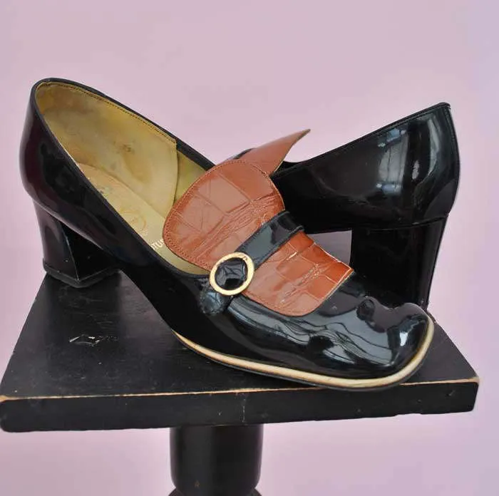 1960s Vintage Black & Tan Patent Slip On Mod Shoes • 60s Go Go