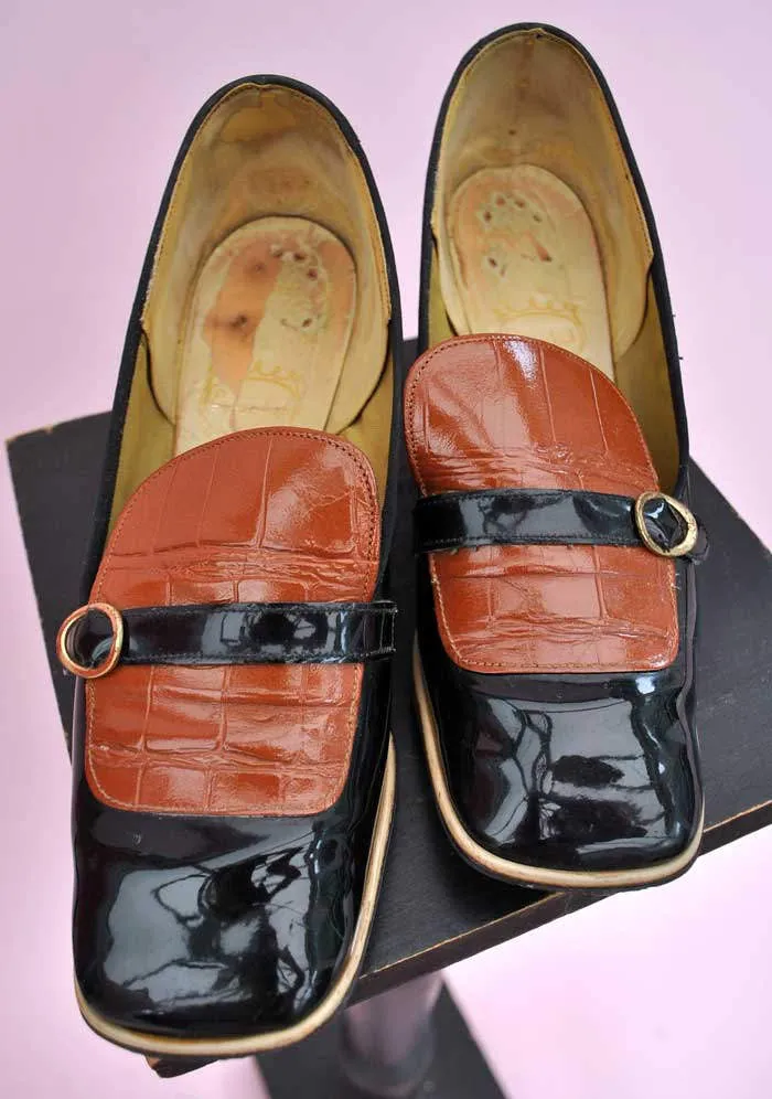 1960s Vintage Black & Tan Patent Slip On Mod Shoes • 60s Go Go