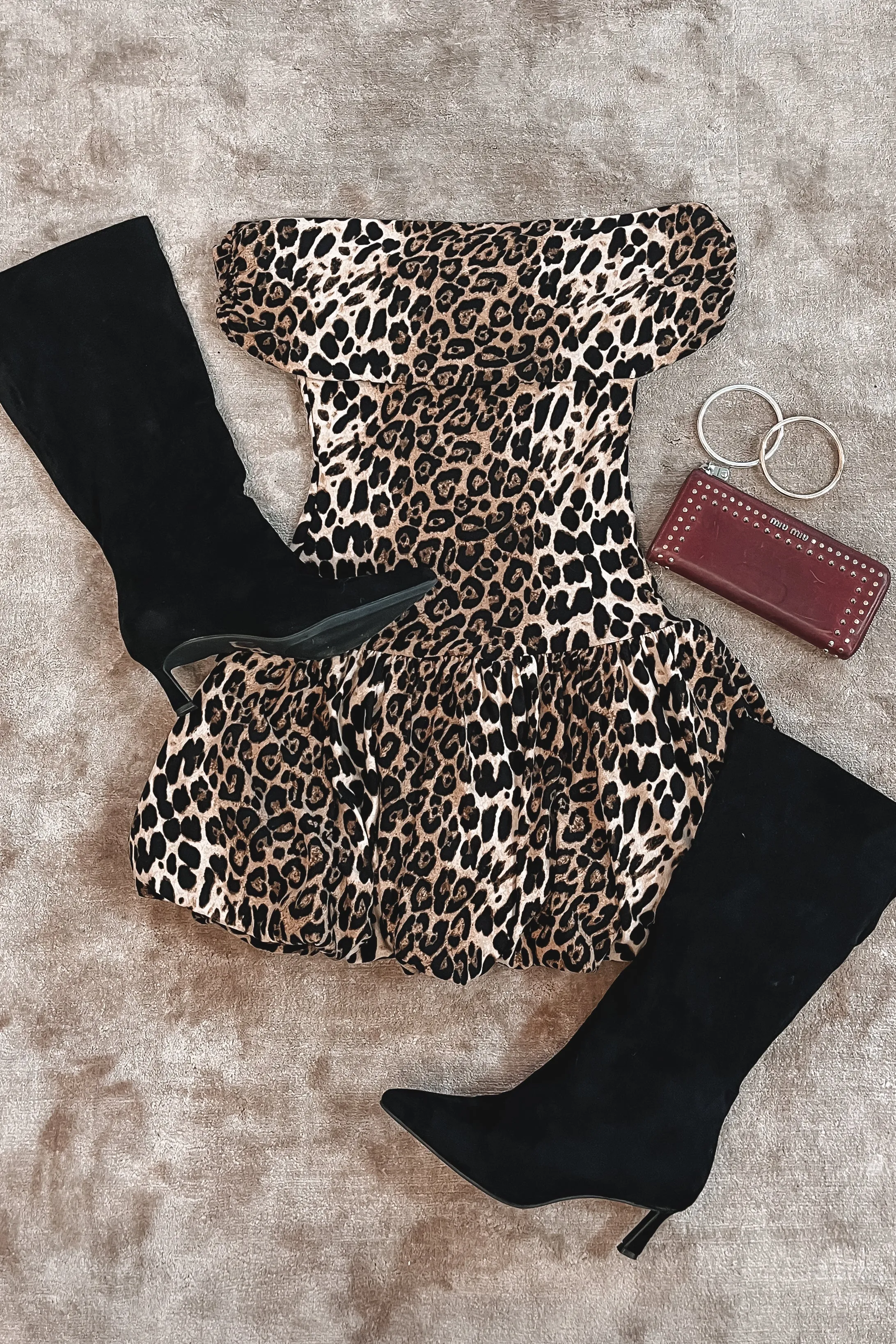 Always On The Go  Off The Shoulder Leopard Mini Dress