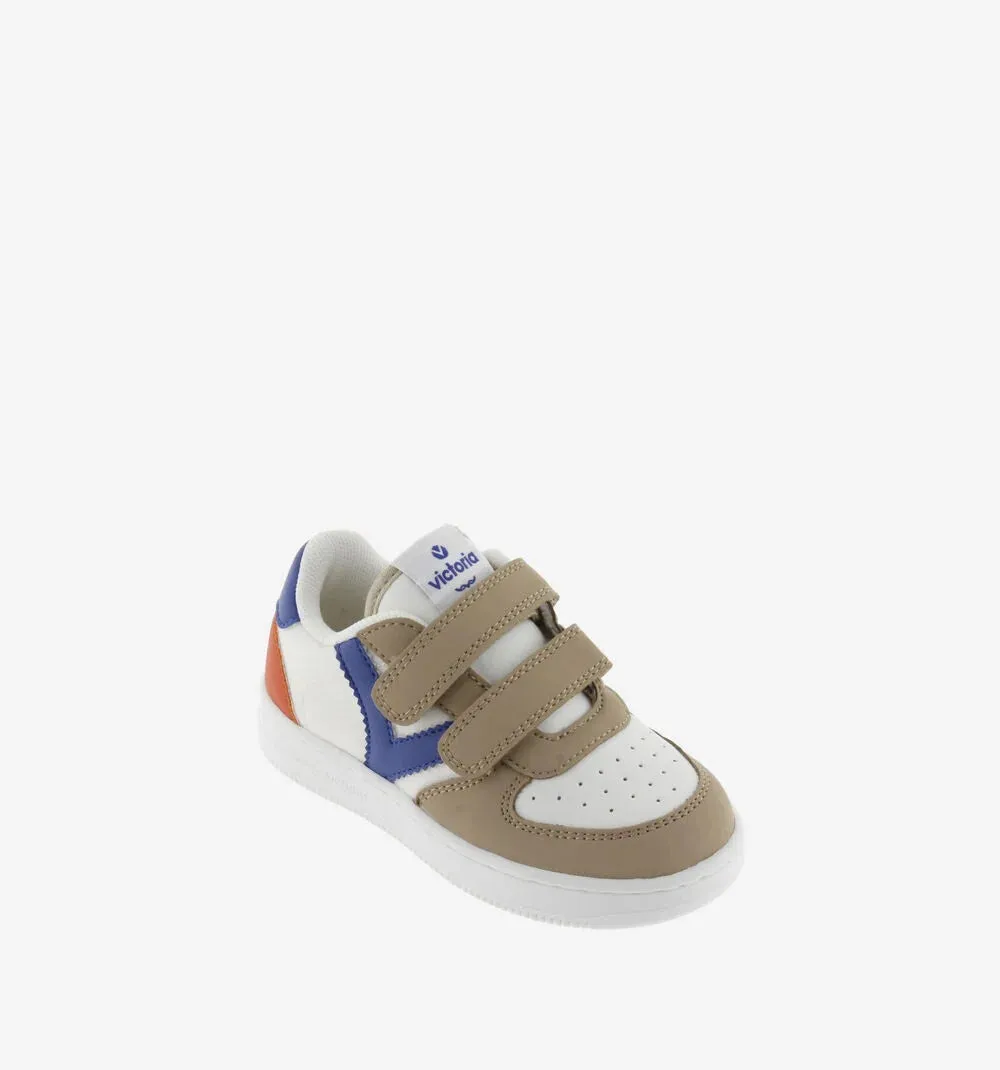 Beige leather sneaker with contrast blue and orange