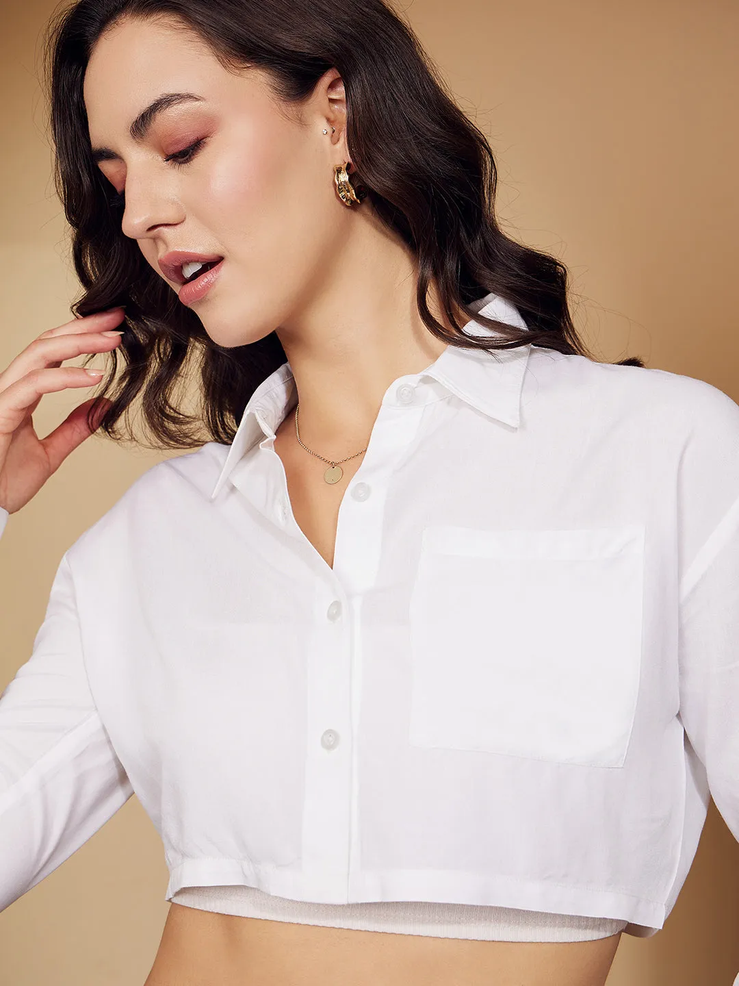 Berrylush Women Solid White Spread Collar Neck Long Sleeve Front Button-Up Cotton Cropped Shirt