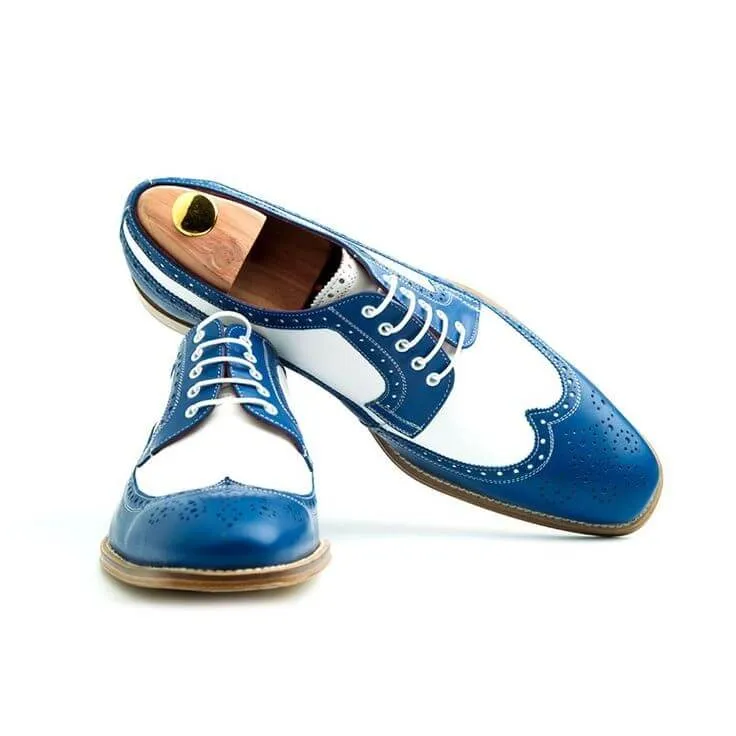 Bespoke Blue & White Leather Wing Tip Lace Up Shoe for Men