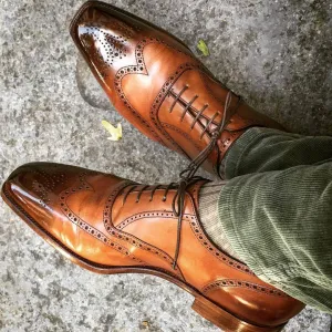 Bespoke Brown Leather Wing Tip Brogue Shoes