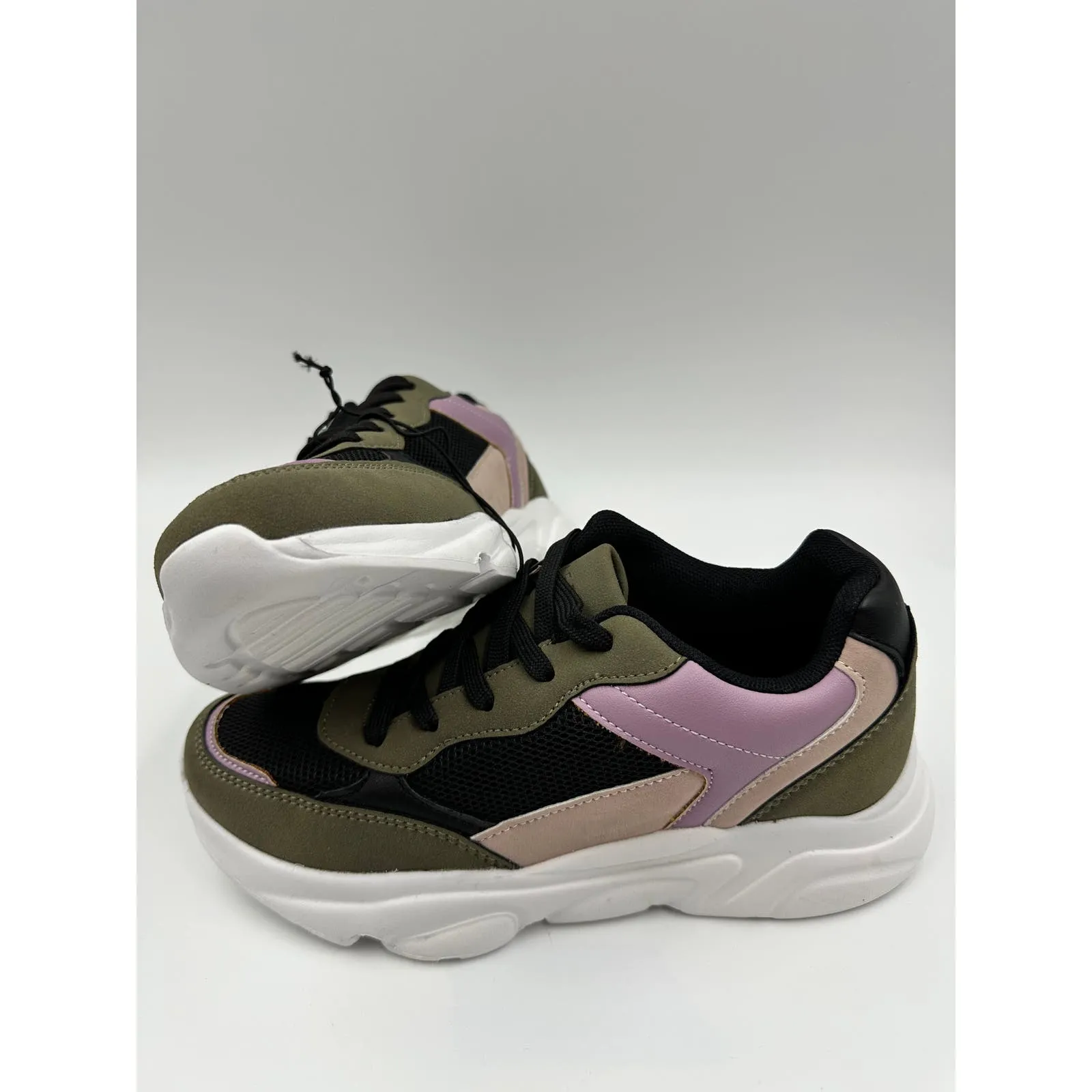 Big Kids Size 3 Olive Green Suede Trim, Purple, Beige, and Black Sneakers