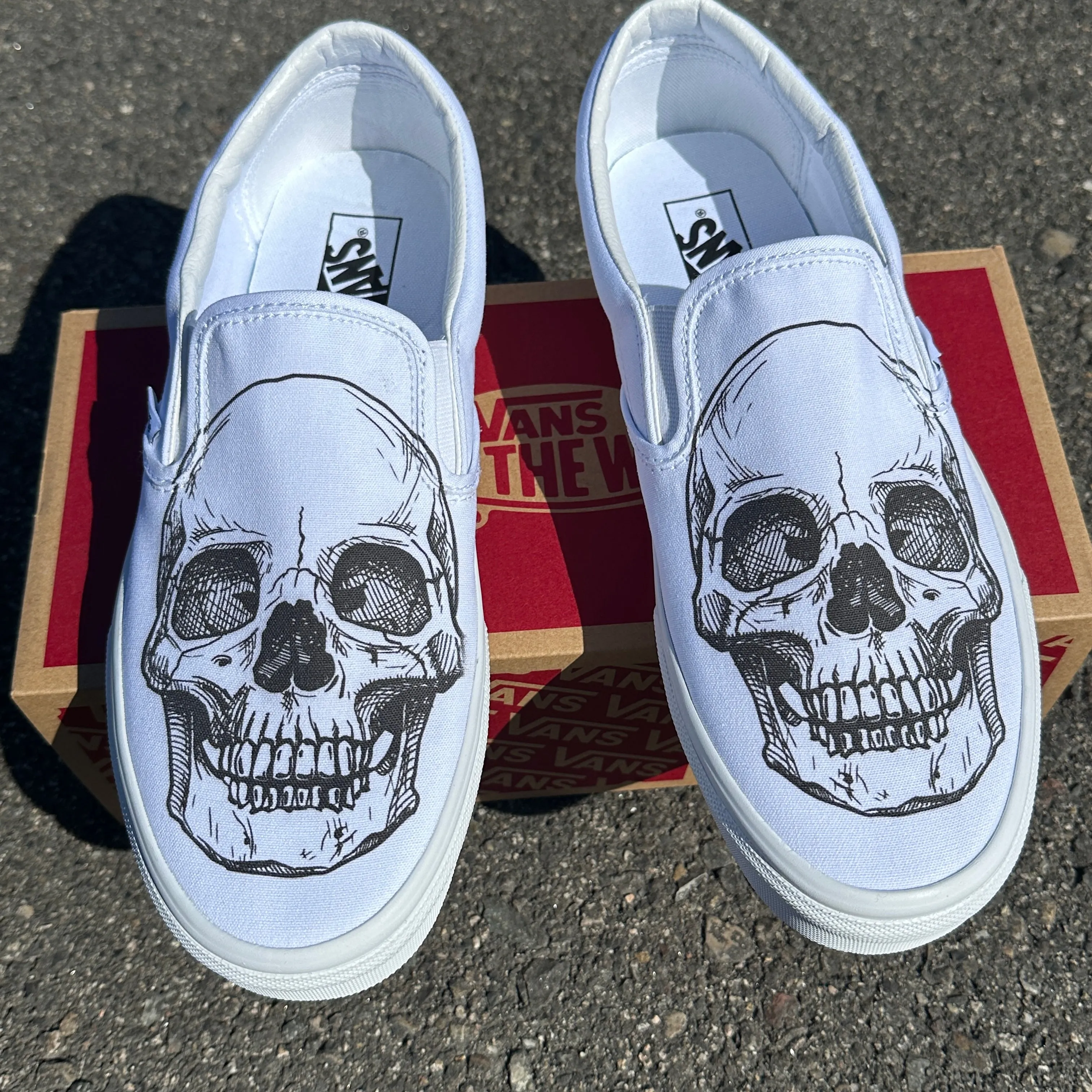 Big Skull Head Slip Ons - Custom White Vans Shoes