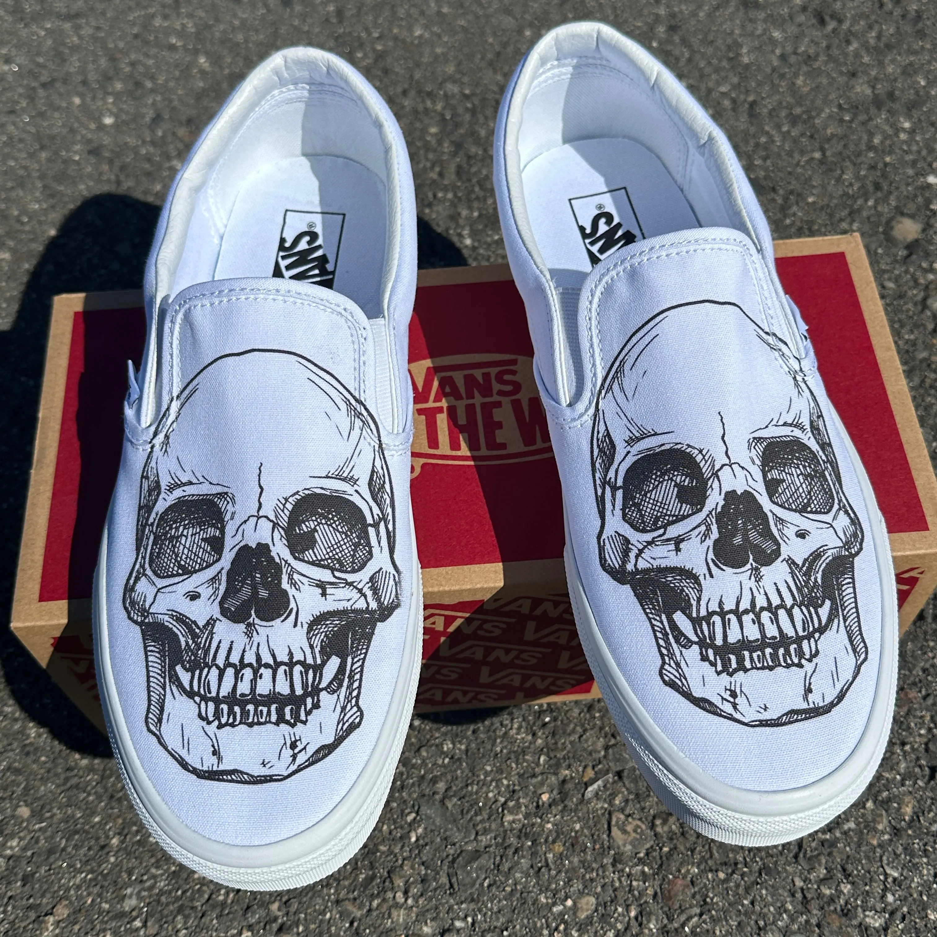 Big Skull Head Slip Ons - Custom White Vans Shoes