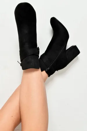 Black Faux Suede Buckle Detail Ankle Boots - Jaielle