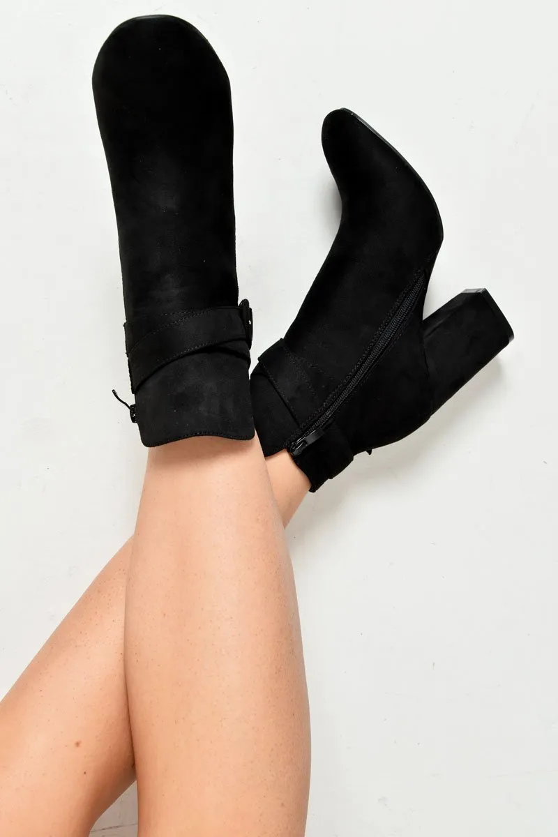 Black Faux Suede Buckle Detail Ankle Boots - Jaielle