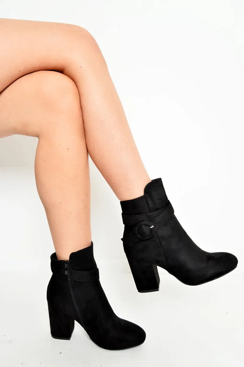 Black Faux Suede Buckle Detail Ankle Boots - Jaielle