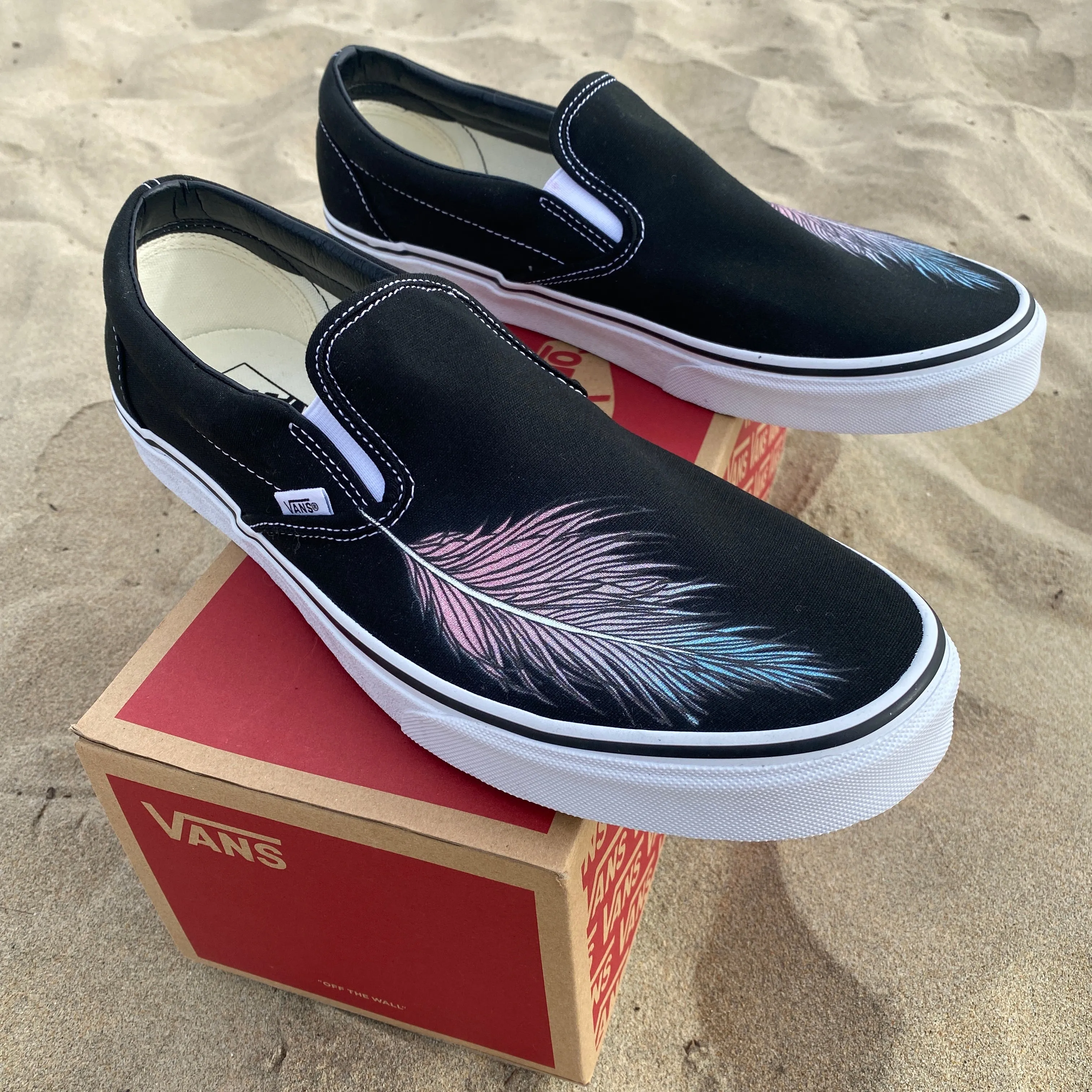 Custom Vans Shoes - Feather Black Slip Ons