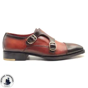 Handmade Genuine Two Tone Leather Monk Strap Toe Cap Dress / Formal Shoe