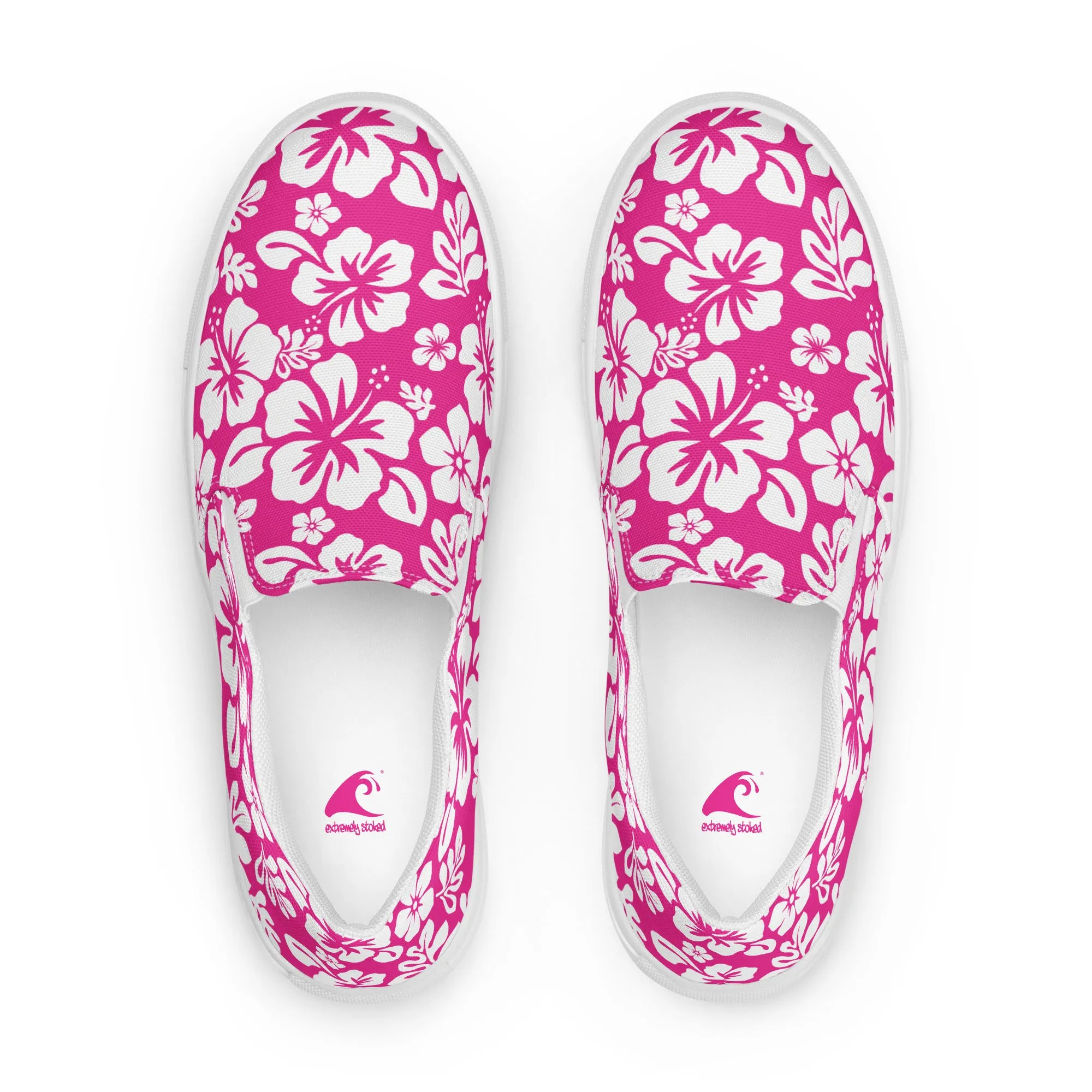 Hot Pink Hawaiian Flowers Men’s Slip On Canvas Shoes