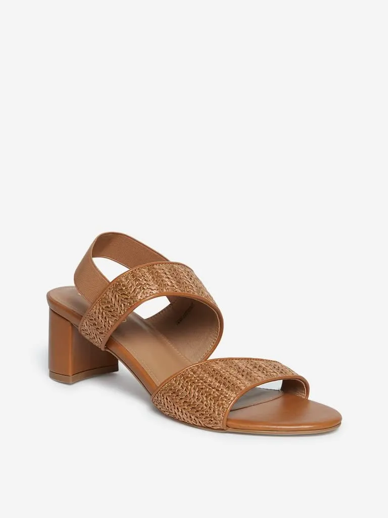 LUNA BLU Tan Weave Patterned Block-Heel Sandals