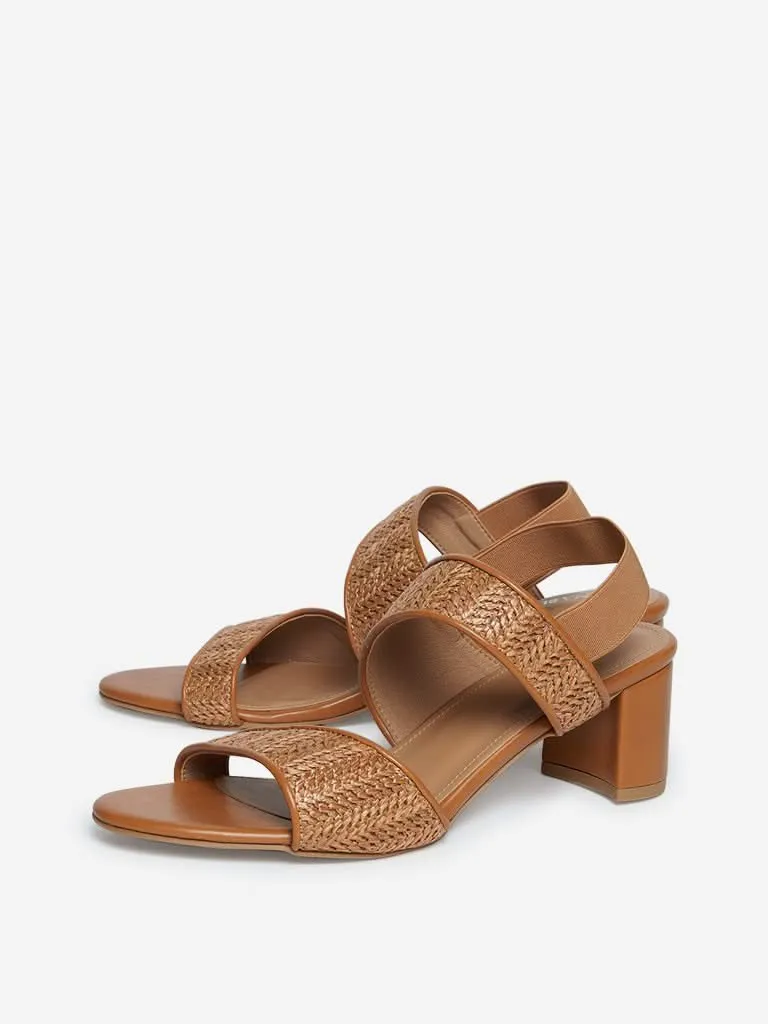 LUNA BLU Tan Weave Patterned Block-Heel Sandals