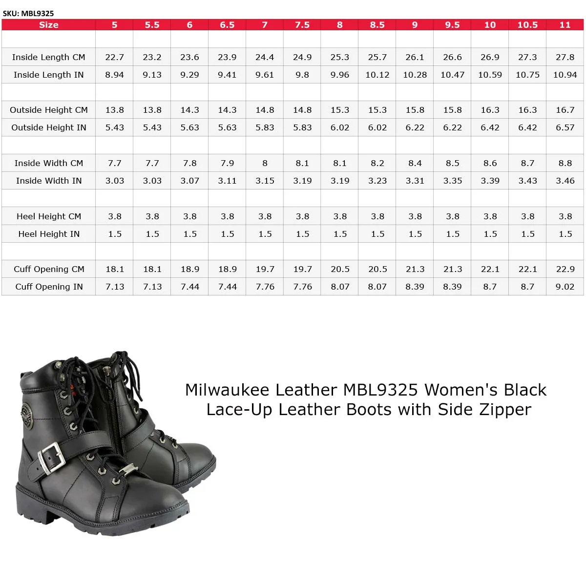 MBL9325 Women's Black Lace-Up Leather Boots with Side Zipper