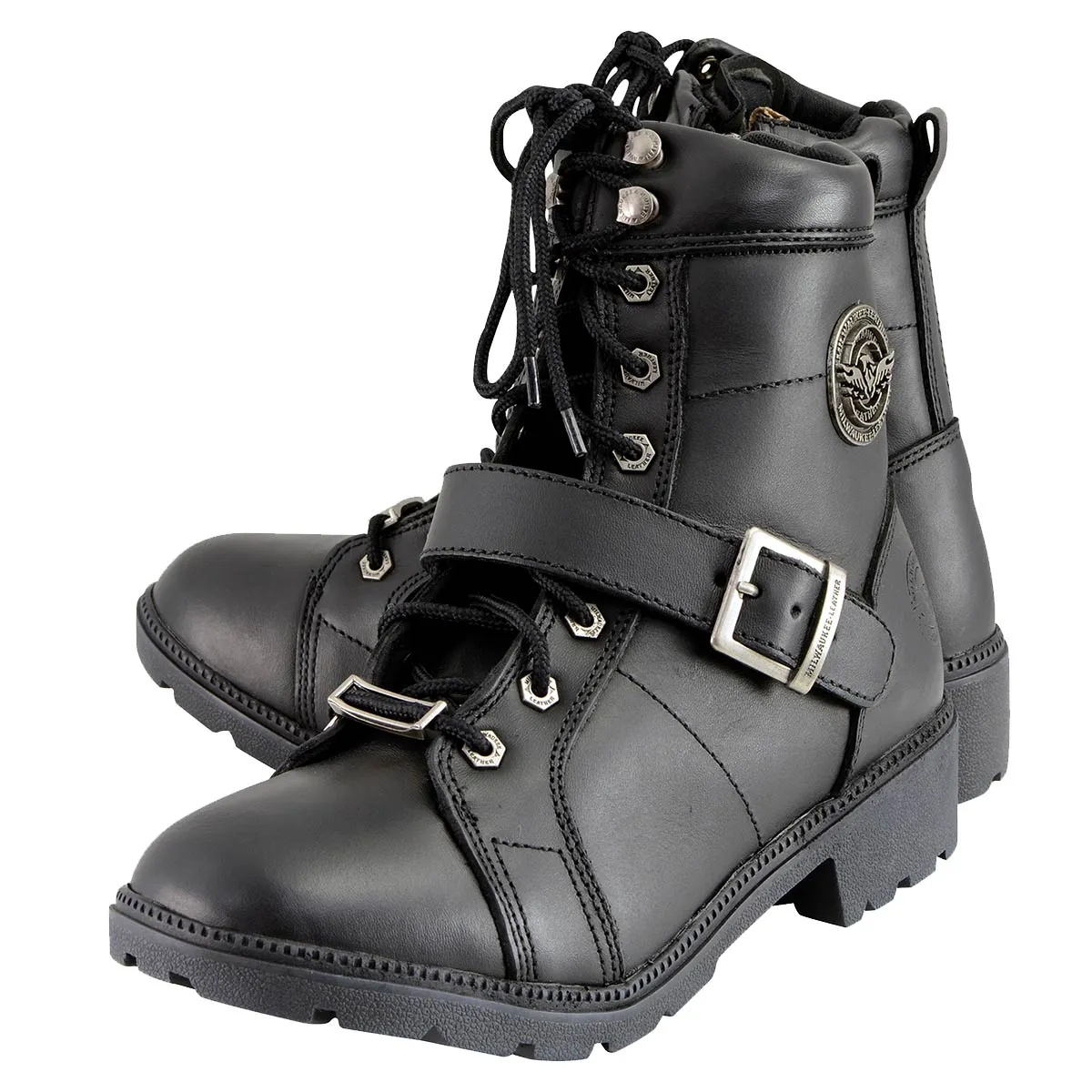 MBL9325 Women's Black Lace-Up Leather Boots with Side Zipper