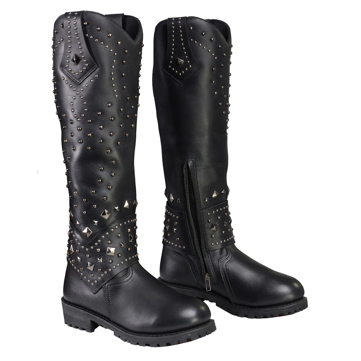 Milwaukee Leather MBL9371 Women's Black 18-Inch Leather Studded and Riveted Western Style Motorcycle Boots