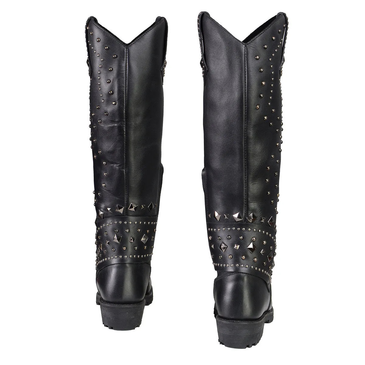 Milwaukee Leather MBL9371 Women's Black 18-Inch Leather Studded and Riveted Western Style Motorcycle Boots