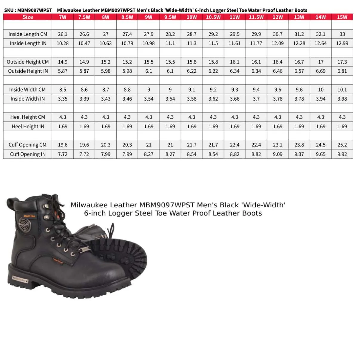 Milwaukee Leather MBM9097WPST Men's Black 'Wide-Width' 6-inch Logger Steel Toe Water Proof Leather Boots