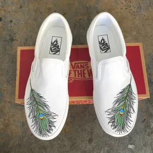 Peacock Feather Black Slip Ons White