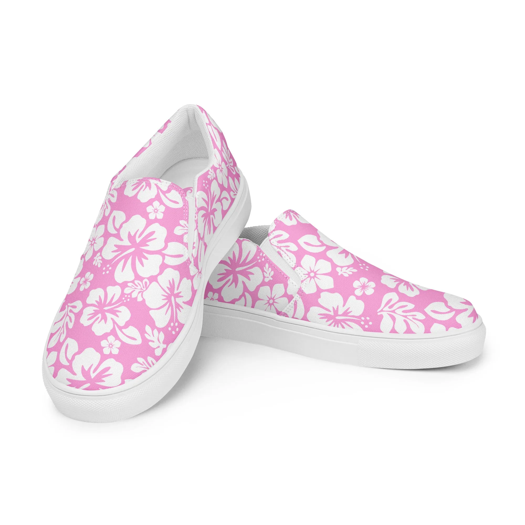 Pink and White Hawaiian Flowers Women's Slip On Canvas Shoes