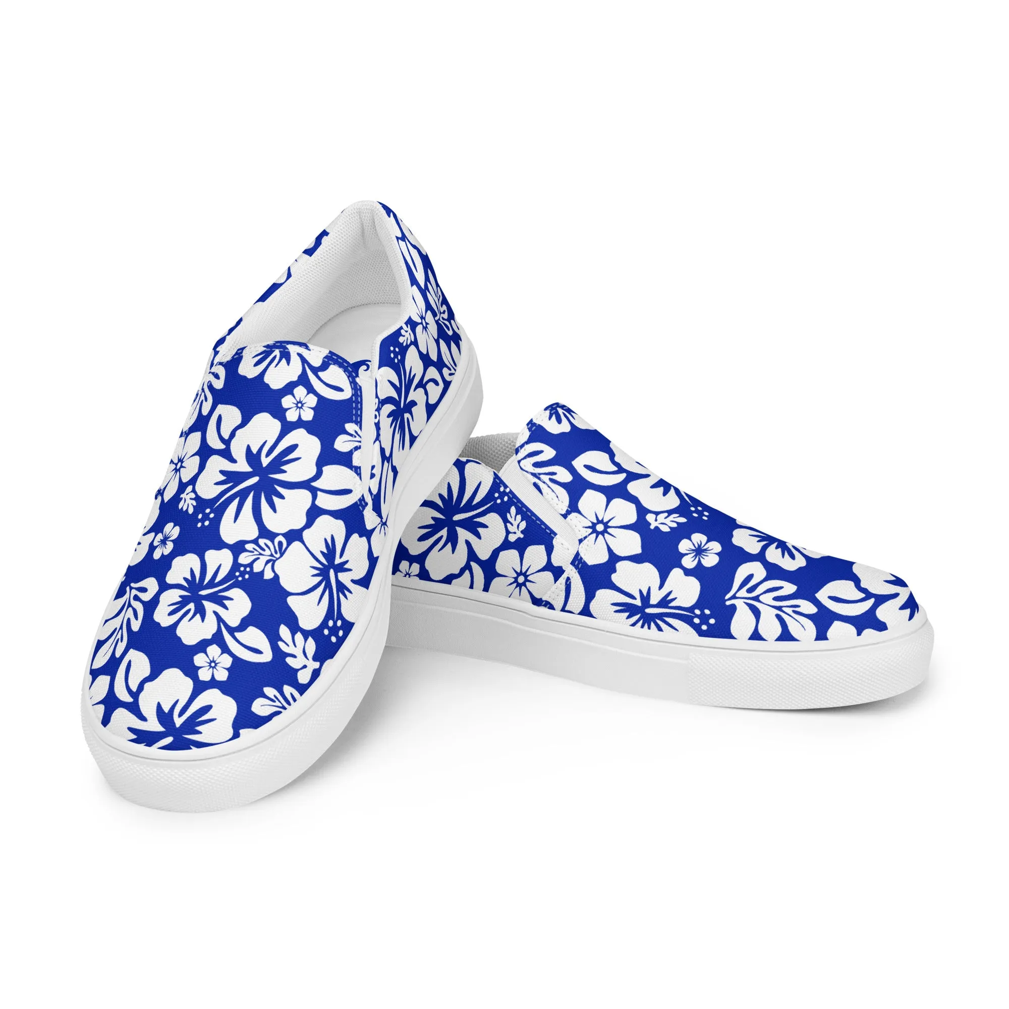 Royal Blue and White Hawaiian Flowers Women's Slip On Canvas Shoes