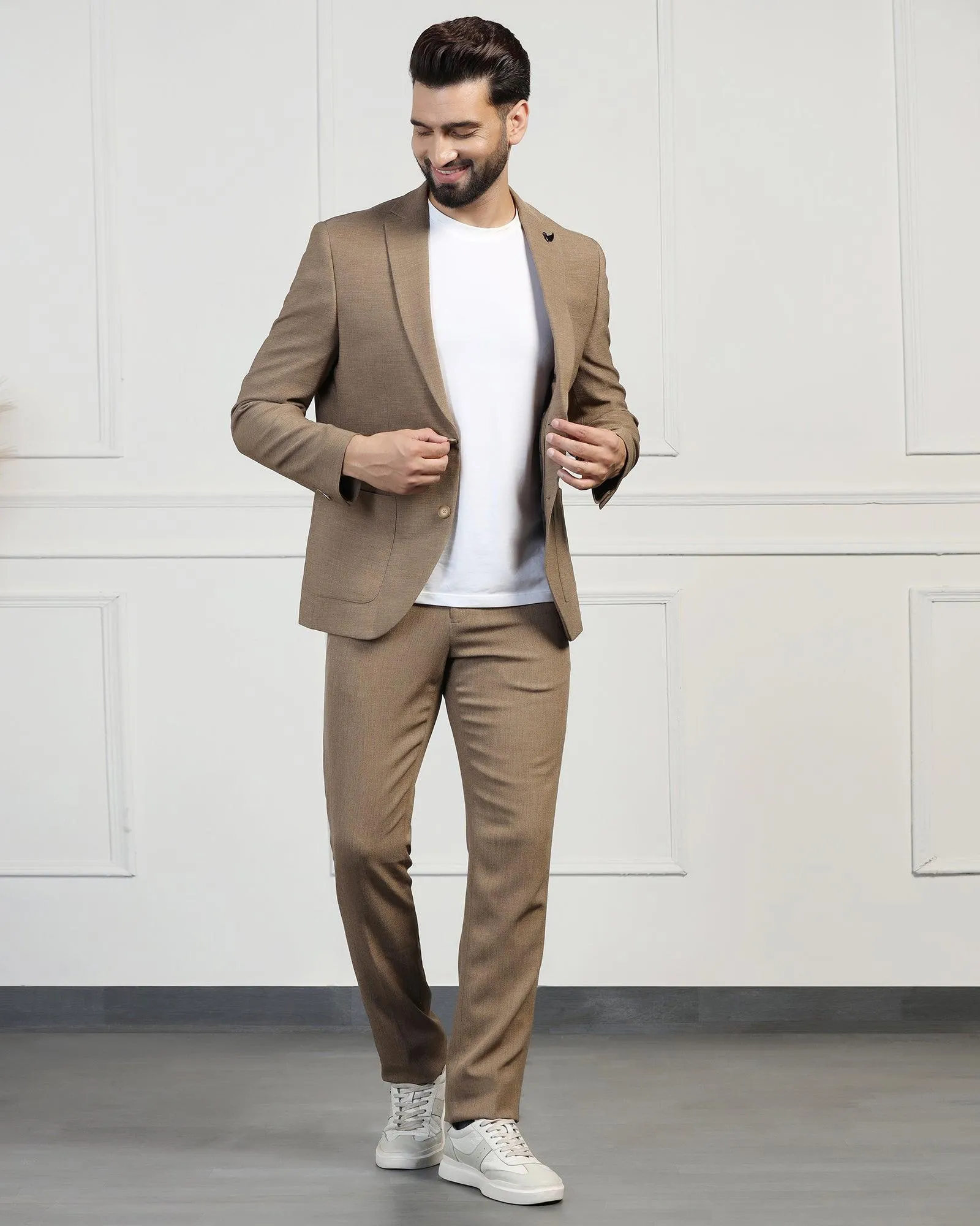 Two Piece Khaki Textured Formal Suit - Drebin