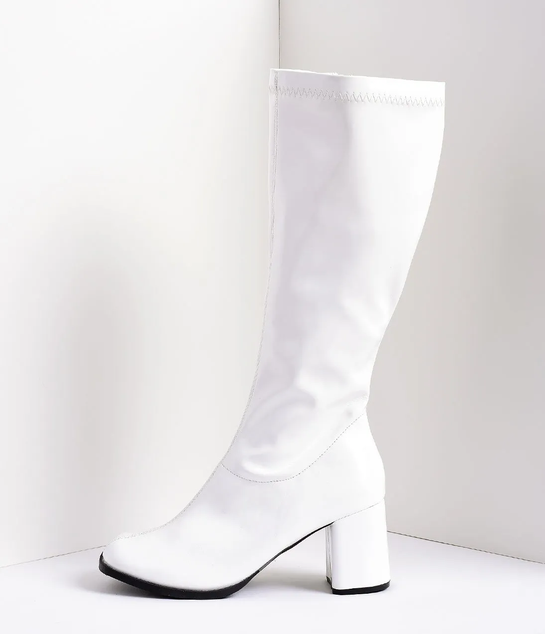 White Stretch Patent Knee High Go Go Boots