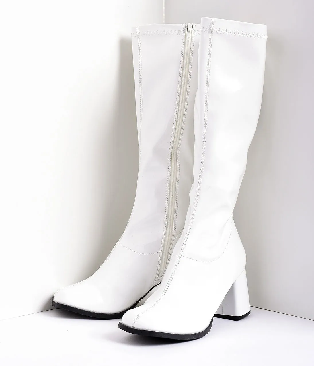 White Stretch Patent Knee High Go Go Boots