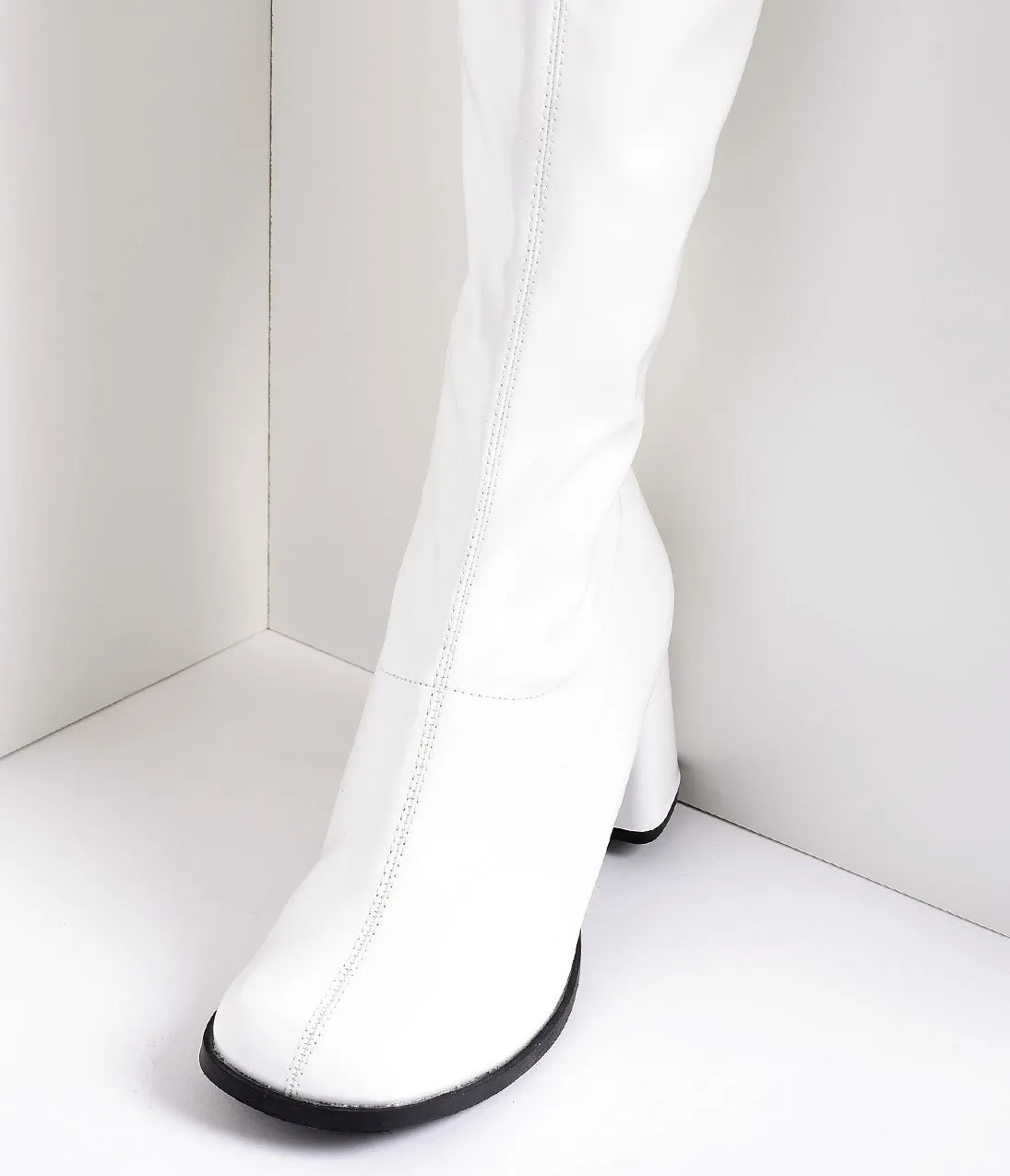 White Stretch Patent Knee High Go Go Boots