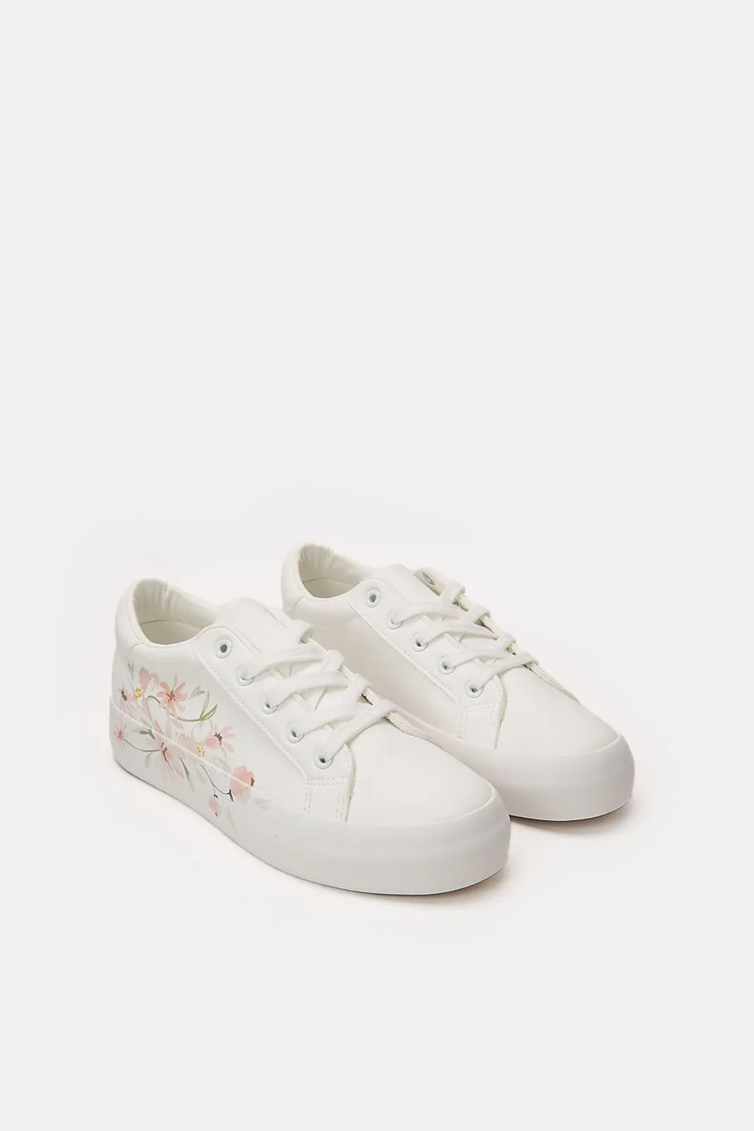 Women White Lace Up With Floral Print