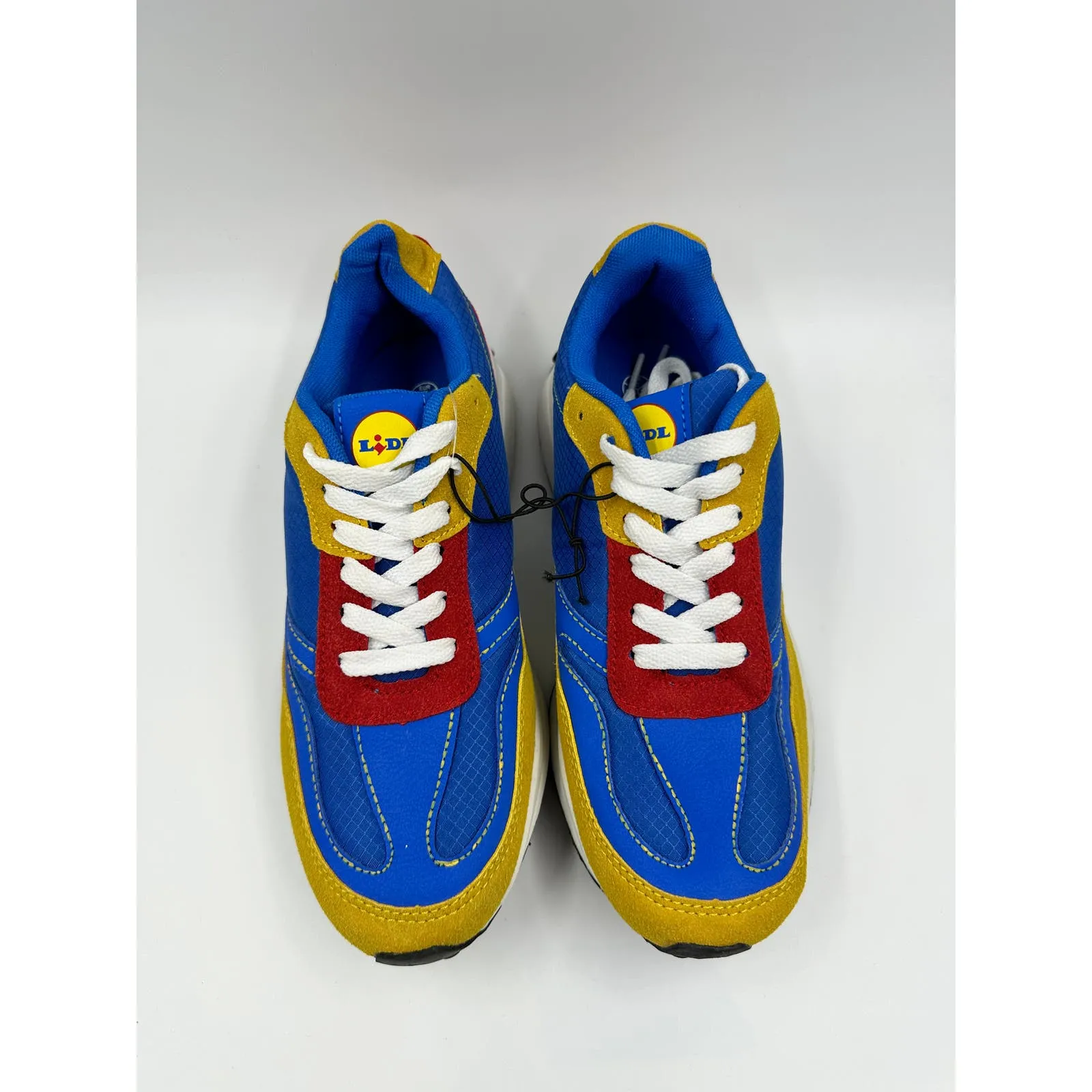 Women's Size 7, 70s Style Blue, Red & Yellow Chunky Sneakers w/ Thick White Sole