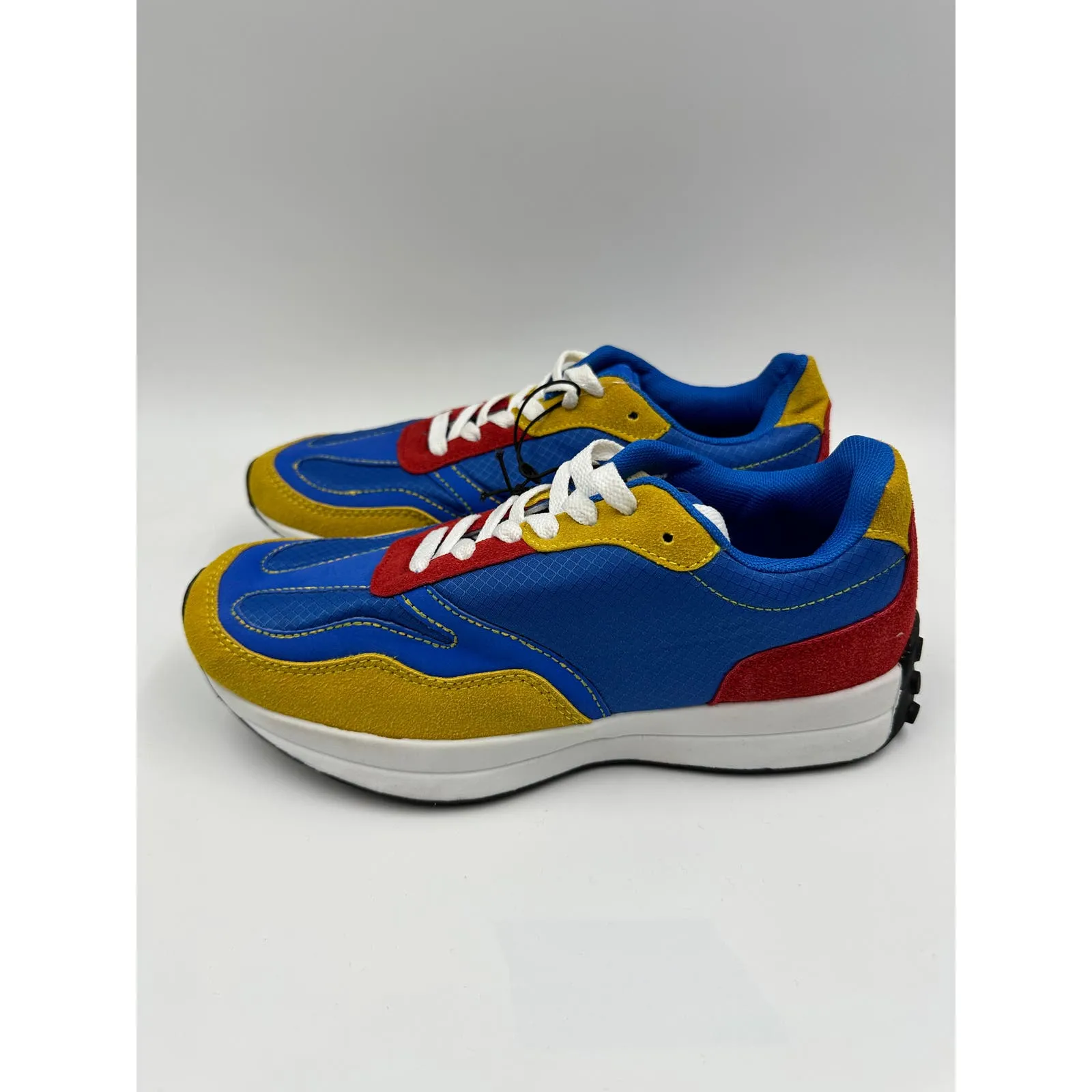 Women's Size 7, 70s Style Blue, Red & Yellow Chunky Sneakers w/ Thick White Sole