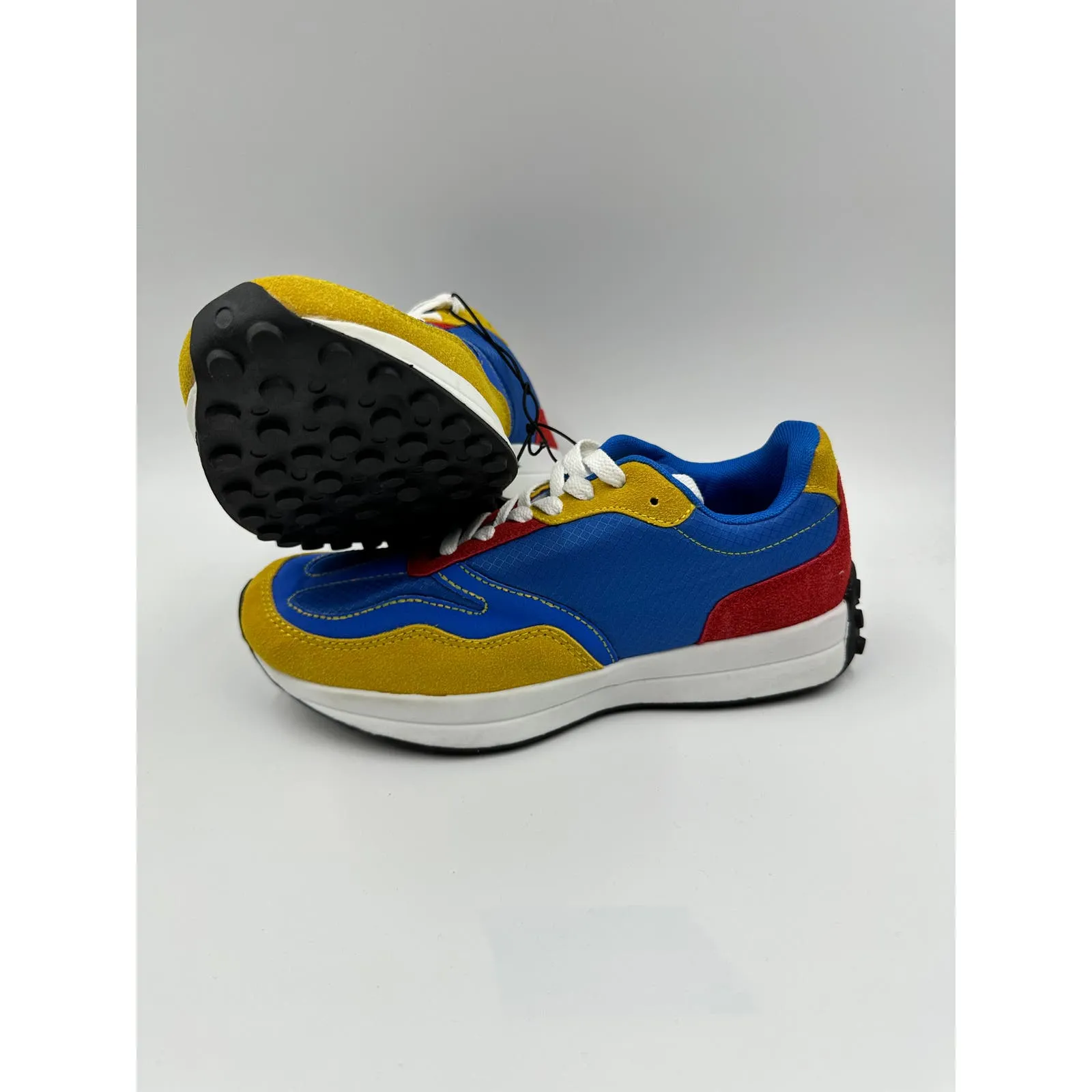 Women's Size 7, 70s Style Blue, Red & Yellow Chunky Sneakers w/ Thick White Sole